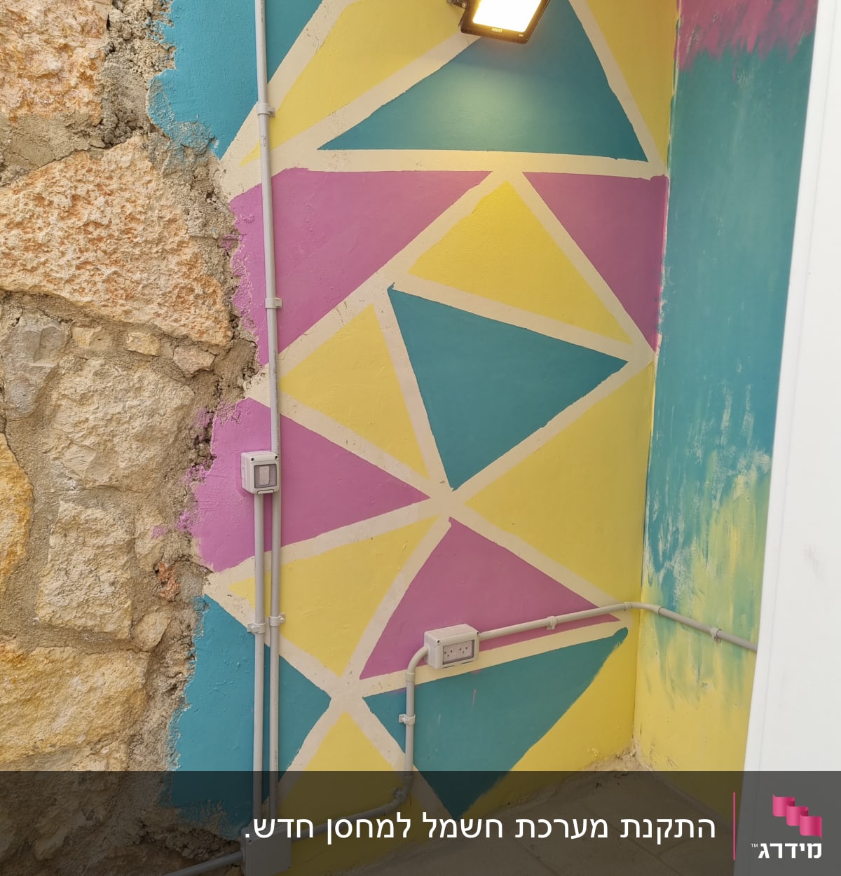 תאורת קיר עם חיווט חשמלי גלוי על קיר צבעוני